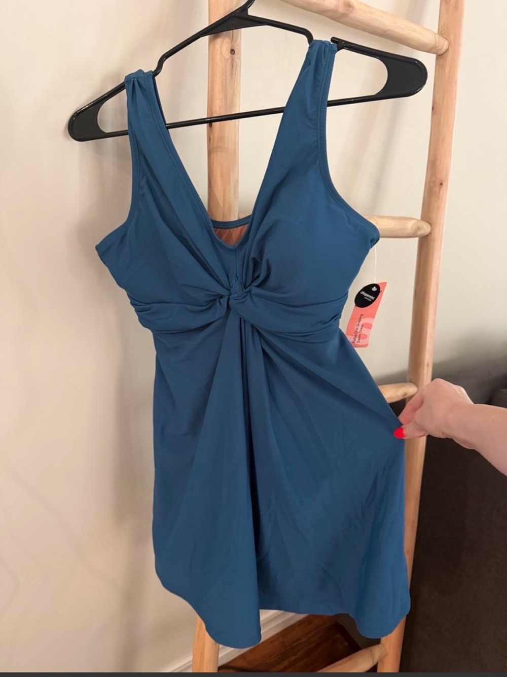 Shapermint Sleeveless Knot-Front Swim Dress in Teal Blue